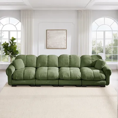 Image de Canapé modulaire pour salon, 4 places, avec design matelassé, accoudoirs élégants, coussins d'assise épais et confortables, dossier ergonomique, couleur verte