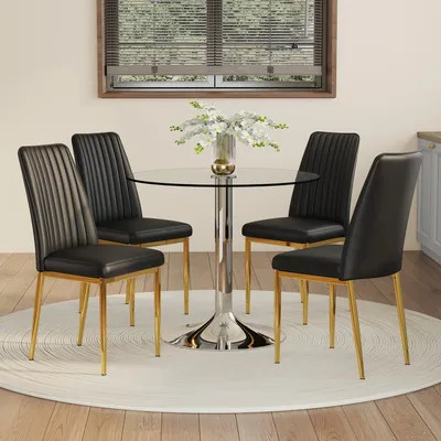 Productafbeelding van STILVORA eettafel met een veiligheidsglasplaat van 85 cm, geschikt voor moderne woon- en eetruimtes. Eetset bestaande uit een eettafel en 4 eetkamerstoelen bekleed met kunstleer. Eettafel voor keuken en eetkamer