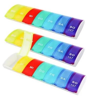 Immagine prodotto di Contenitore per pillole per 7 giorni, set da 3 pezzi, piccolo, leggero, facile da aprire, ideale per il viaggio, senza BPA