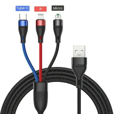 Produktbild von 3in1 Multi USB ladekabel Micro Typ C Light-ning Kabel 1.2M Nylon Schnellladekabel Universal für iPhone Android Samsung Tablet