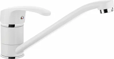 A white kitchen faucet with a silver accent on a white background.