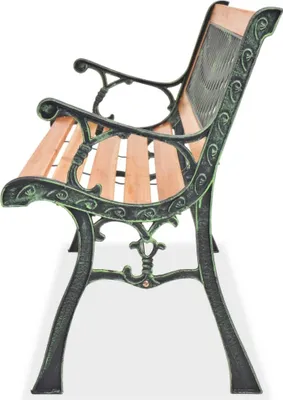 A side view of a wooden and cast iron garden bench.