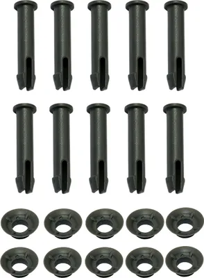 A set of gray plastic pool parts, including pins and seals, arranged in rows on a white background.