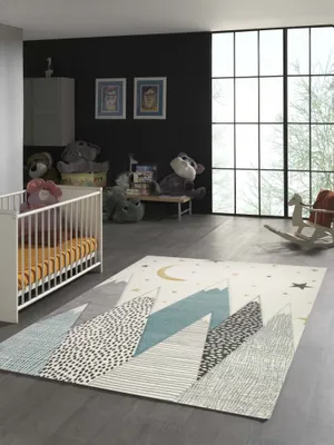 Immagine prodotto di Tappeto per bambini con montagne in blu-grigio pastello - Dimensioni: 160 x 230 cm