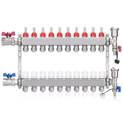 Produktbild von 10 Heizkreise Edelstahl-Heizkreisverteiler Fußbodenheizung Verteiler Systemverteiler, 16mm Klemmverschraubung/Entlüfter/1" Kugelhähne, Festwertregelse