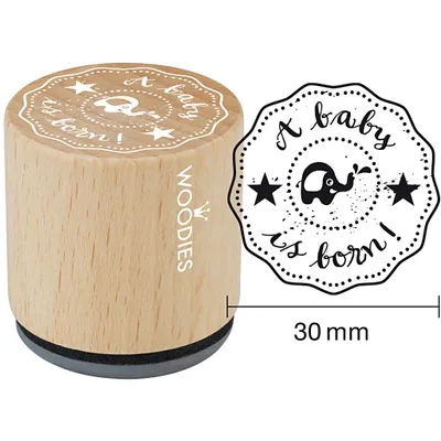 Produktbild von Holzstempel, D: 30 mm, H 35 mm, A baby is born!, 1Stck