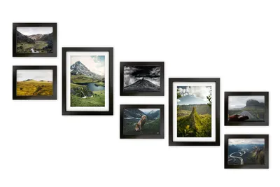 Zdjęcie produktu dla Multirama Reykjavik czarna – 2×30×40 cm + 6×18×24 cm, prawdziwe szkło, szablon 1:1, gotowa galeria ścienna