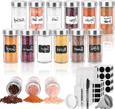 Produktbild von 100 ml runder Gewürzstreuer – Gewürzstreuer aus Glas mit Deckel aus Edelstahl – Set mit 12 Gewürzdosen mit Trichter und Etikett Gewürzdosen