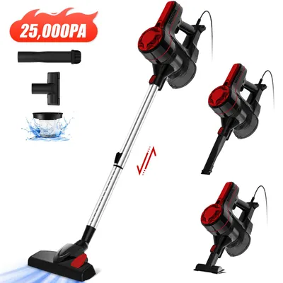 A collage of a cordless stick vacuum cleaner and its accessories, presented on a white background.
