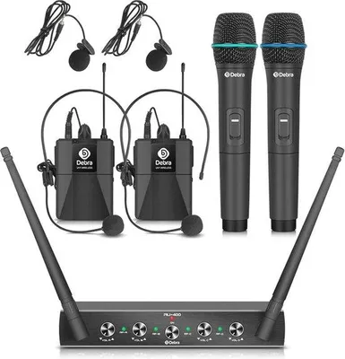 Immagine prodotto di Set microfonico wireless a 4 canali con microfono lavalier e microfono a mano, ideale per il karaoke e le feste