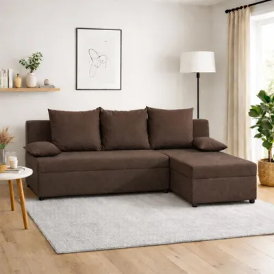 Produktbild von Ecksofa RIO L-Form, Universal, Modernes Bettsofa mit Schlaffunktion und Bettkasten, Schlafsofa, Couch beidseitig montierbar, BRAUN - SAWANA 26