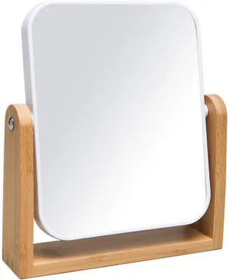 Produktbild von Doppelseitiger 1x/2x Kosmetikspiegel mit Ständer aus natürlichem Bambus, 360° drehbar, tragbar für das Badezimmer (weiß)