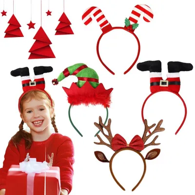 4 Weihnachts-Stirnbänder: Weihnachtsmann, Schneemann, Rentier, Tannenbaum