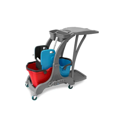 Produktbild von Hypafol Putzwagen Reinigungswagen | 2x25l Eimer | Doppelfahrwagen inkl. Moppresse, Utensilbehälter & Abfall-Eimer |für Gebäudereinigung, Büroreinigung