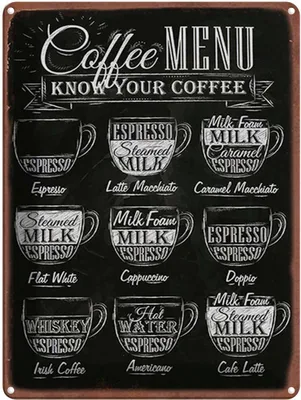 Produktbild von vianmo Blechschild 40x30 cm Kaffee Coffee Menu flat white Doppio