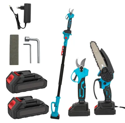 Obrázek produktu pro Elektrická řetězová pila, teleskopická tyč, univerzální zahradní nůžky, 2 baterie