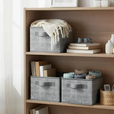 Produktbild von SONGMICS Aufbewahrungsbox 3er Set, Stoffboxen, für Kleiderschrank, 2 Griffe, Etikette, grau