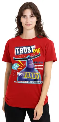 Image de T-shirt Disney "Monstres à l'œuvre", modèle "Faites-moi confiance, je suis drôle", avec l'image de Tylor Damen, couleur rouge, taille S