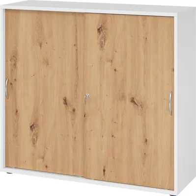 Produktbild von bümö Schiebetürenschrank office - 3 Ordnerhöhen - Griff: Bogengriff (Metall), Nachbildung: Weiß/Asteiche
