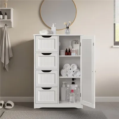 A white bathroom cabinet with drawers and an open door, displaying toiletries and towels.