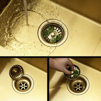 A collage of images showing a kitchen sink drain with a strainer and a hand removing debris from it.