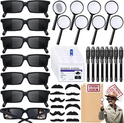Productafbeelding van Detective Kinderverjaardag - Set van 102 - UV-stift - Vergrootglas - Zonnebril - Detective-kaart - Envelop - Stickers