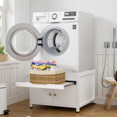 Produktbild von Waschmaschinensockel mit Ausziehregal – Stabiler Unterbau für Waschmaschine & Trockner, Metall & MDF, bis 318 kg, mit Ablaufwanne, 63 × 54 × 50 cm