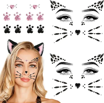 Productafbeelding van Gezichtsjuwelen Kat - Gezichtsstenen Katten - Feestelijke Make-up - Zelfklevend Herbruikbaar - 4 Vellen - Multicolor