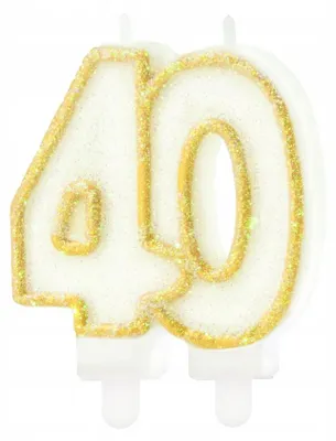 Image de Bougie d'anniversaire PartyPal, chiffre 40, blanc et doré, avec paillettes