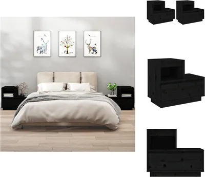 Produktbild von vidaXL Nachttische 2 Stk. Schwarz 60x34x51 cm Massivholz Kiefer -  Nachttische