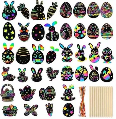 Produktbild von 56 Stück Ostern Kratzbild, Osterdeko zum Basteln, Bastelset Ostern, Kaninchen Karottenei Ostereier Küken und Blümchen Bastelset, Kratzbilder Kinder, für Oster Anhänger Dekoration DIY Handwerk