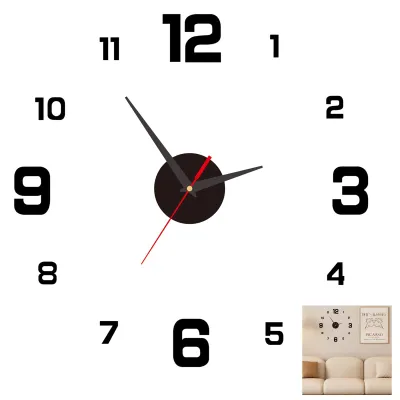 Selbstklebende Wanduhr 40 cm, 3D-Ziffern, modern, schwarz