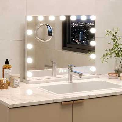 Obrázok produktu pre Zrkadlo na líčenie s osvetlením – kozmetické zrkadlo – 15 LED, stmievateľné, 3 farebné režimy, dotykové ovládanie, 3-násobné zväčšenie, 58 x 46 cm