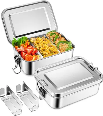 Produktbild von Brotdose mit Fächern, 2 Stück Edelstahl Bento Box Lunchbox & Erwachsene, Lunch Box Brotzeitdose mit Abnehmbar Trennwand, Auslaufsicher & Dichtungsring