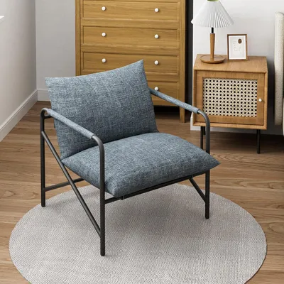 Obrázek produktu pro Křeslo, designové vintage křeslo, extra velké obývací křeslo s kovovou konstrukcí, ložnicové křeslo s odnímatelným polštářem, šedé