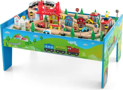 Produktbild von Spieltisch aus Holz, 80-teiliges Eisenbahn-Set, Holzeisenbahn mit Schienen, umkehrbarer und Abnehmbarer Tischplatte, Spielzeug für Kinder ab 3 Jahre
