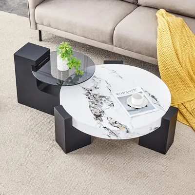 Produktbild von okwish Beistelltisch Set Rund,Kaffeetisch,Marmoroptik Tischplatte - Couchtisch Kombinierbar - Zerlegbares Design,Weiß+Schwarz