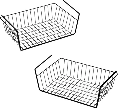 Two black wire storage baskets with hanging hooks against a white background.