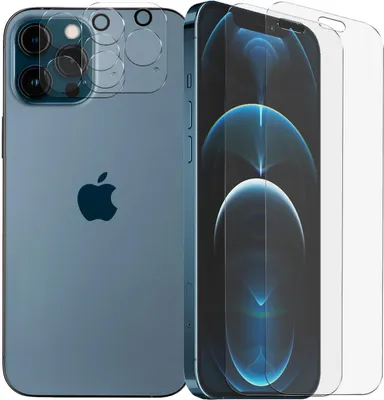 A blue iPhone 12 Pro with camera lens protectors and screen protectors shown.