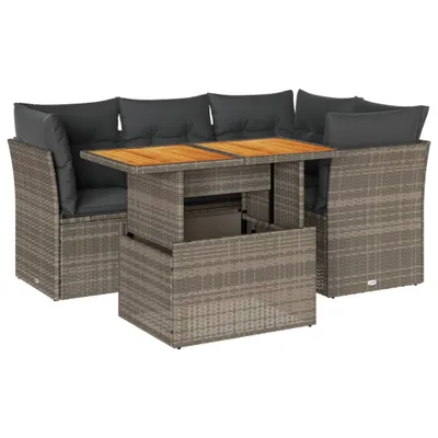 Produktbild von Gartenmöbel-Set 5-tlg., modular mit Stauraum & verstellbarem Tisch, PE-Rattan Grau, inkl. Kissen Dunkelgrau, UV-beständig