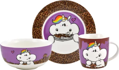 Produktbild von Pummel & Friends Frühstücksset Pummeleinhorn - Ich bin nicht dick. Ich bin flauschig! Geschirr Set 3-teilig Teller, Schale & Tasse aus Porzellan
