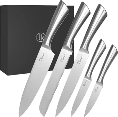 Produktbild von Joejis 5-in-1 Messerset aus Edelstahl - Scharfe Küchenmesser Set mit Brotmesser Kochmesser Santoku Messer Allzweckmesser und Gemüseme