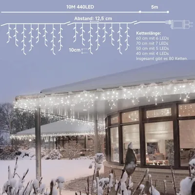 Zdjęcie produktu dla Oświetlenie świąteczne na zewnątrz – kurtyna świetlna LED – 10 m – IP44 – 8 trybów – timer – 31 V – biała