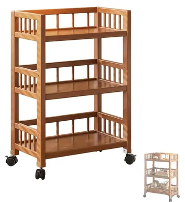 Image de Étagère de rangement, 3 niveaux, roulettes verrouillables, en bois naturel