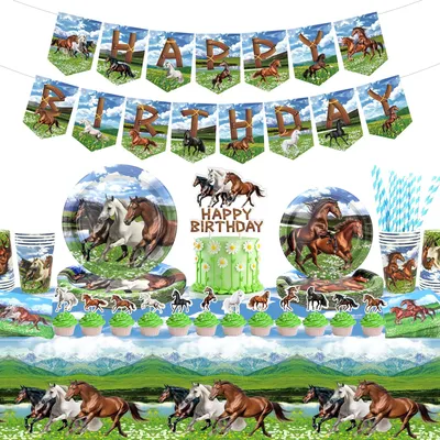 Image de Décoration pour fête d'anniversaire sur le thème des chevaux, lot pour 20 personnes