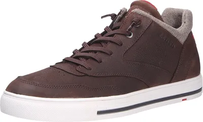 A single brown men's shoe is shown against a white background.