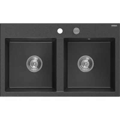 Zdjęcie produktu dla Mexen Hektor zlewozmywak granitowy 2-komorowy 800 x 480 mm, czarny nakrapiany, syfon chrom - 6521802000-76