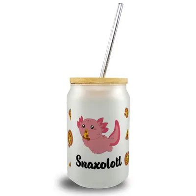 Produktbild von Axolotl Trinkglas mit Bambusdeckel mit Spruch Snaxolotl