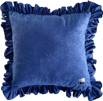 Immagine prodotto di Cuscino decorativo in velluto con volant decorativo, 50x50 cm, blu scuro