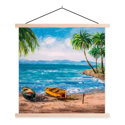 Produktbild von MuchoWow® Textilposter Gemälde - Öl auf Leinwand - Strand - Palme - Boot 120x120 cm mit holzfarbenen Rahmen - Textil-Poster
